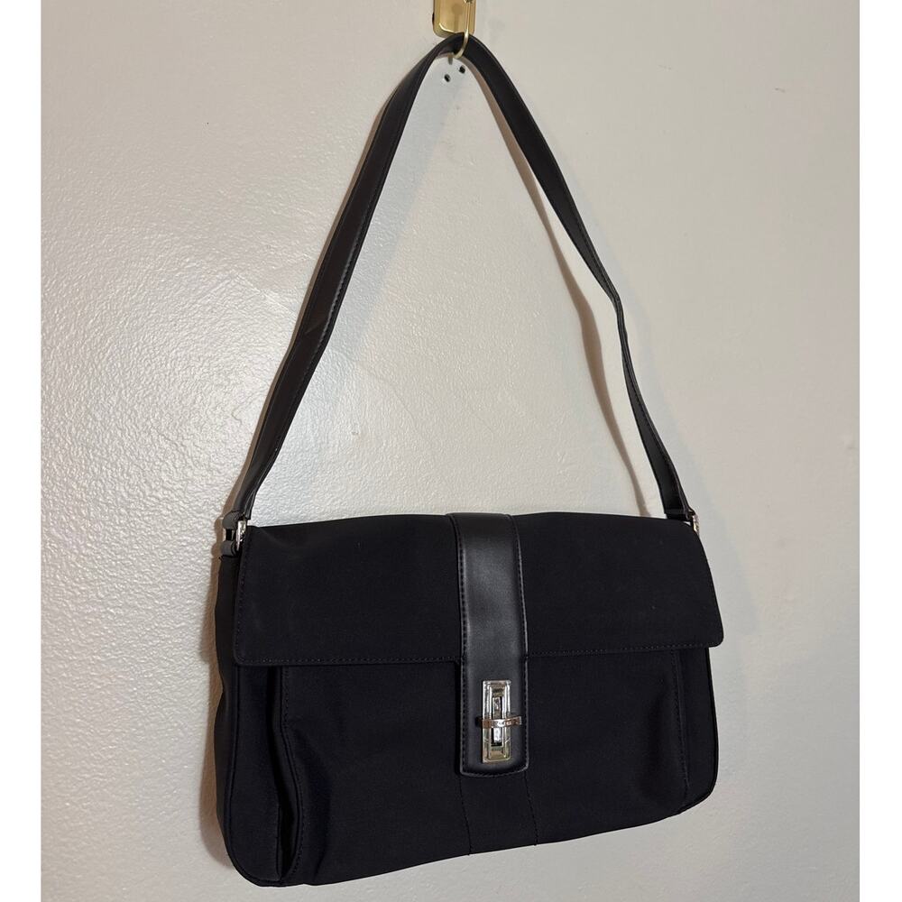 VTG Y2K City DKNY Black Shoulder Bag Turn Lock Interior Pockets Baguette Nylon